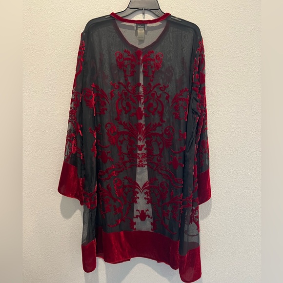 Neiman Marcus Cardigan Long Line Baroque Burnout Black Mesh Dark Red Velvet XL - Picture 9 of 9